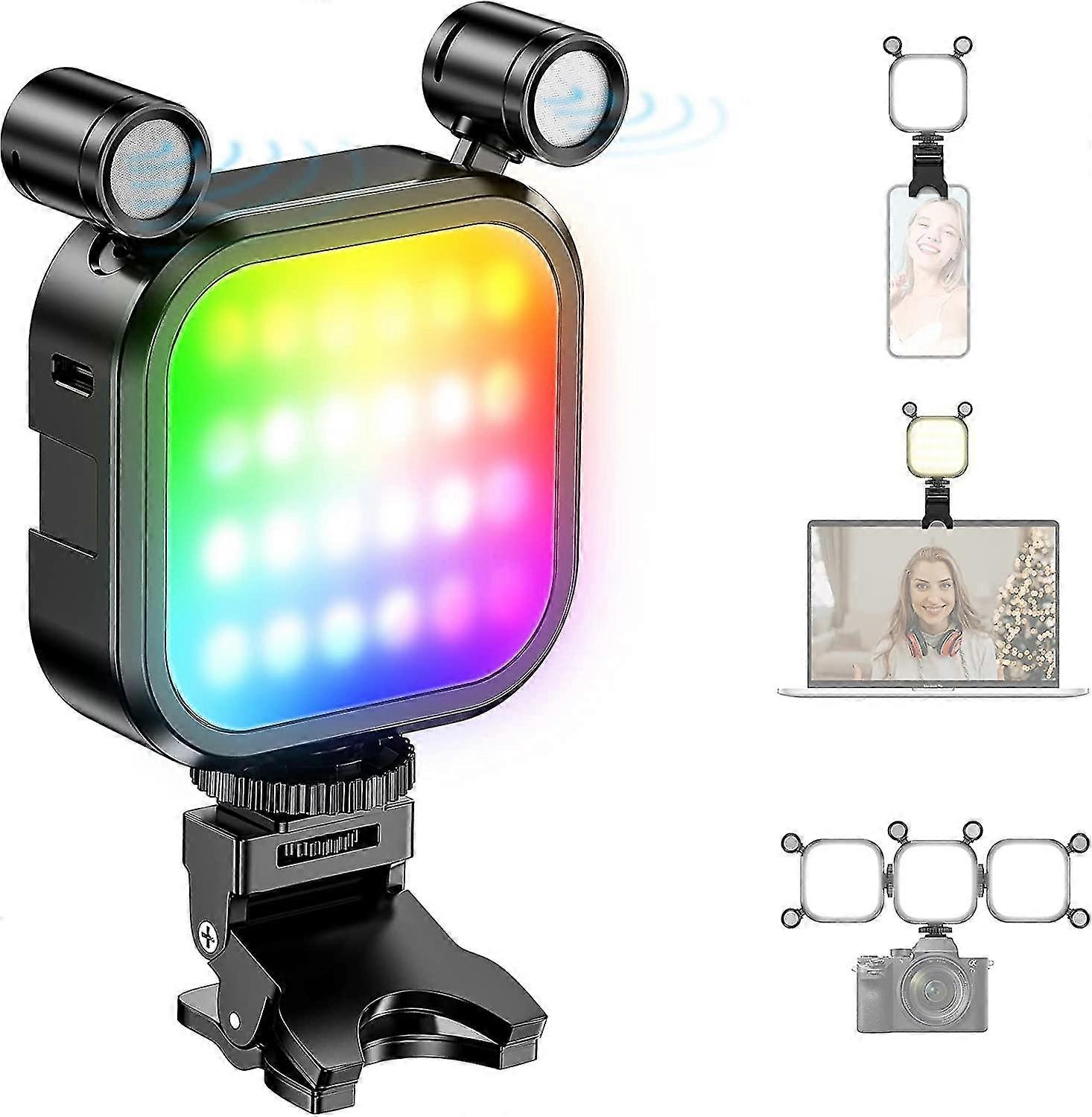RGB LED Selfie Mic-Light for Phone, Built in 2000mAh Battery, Portable Clip Phone Light for Selfie, Live Stream, TikTok, Zoom Meeting, Video Record