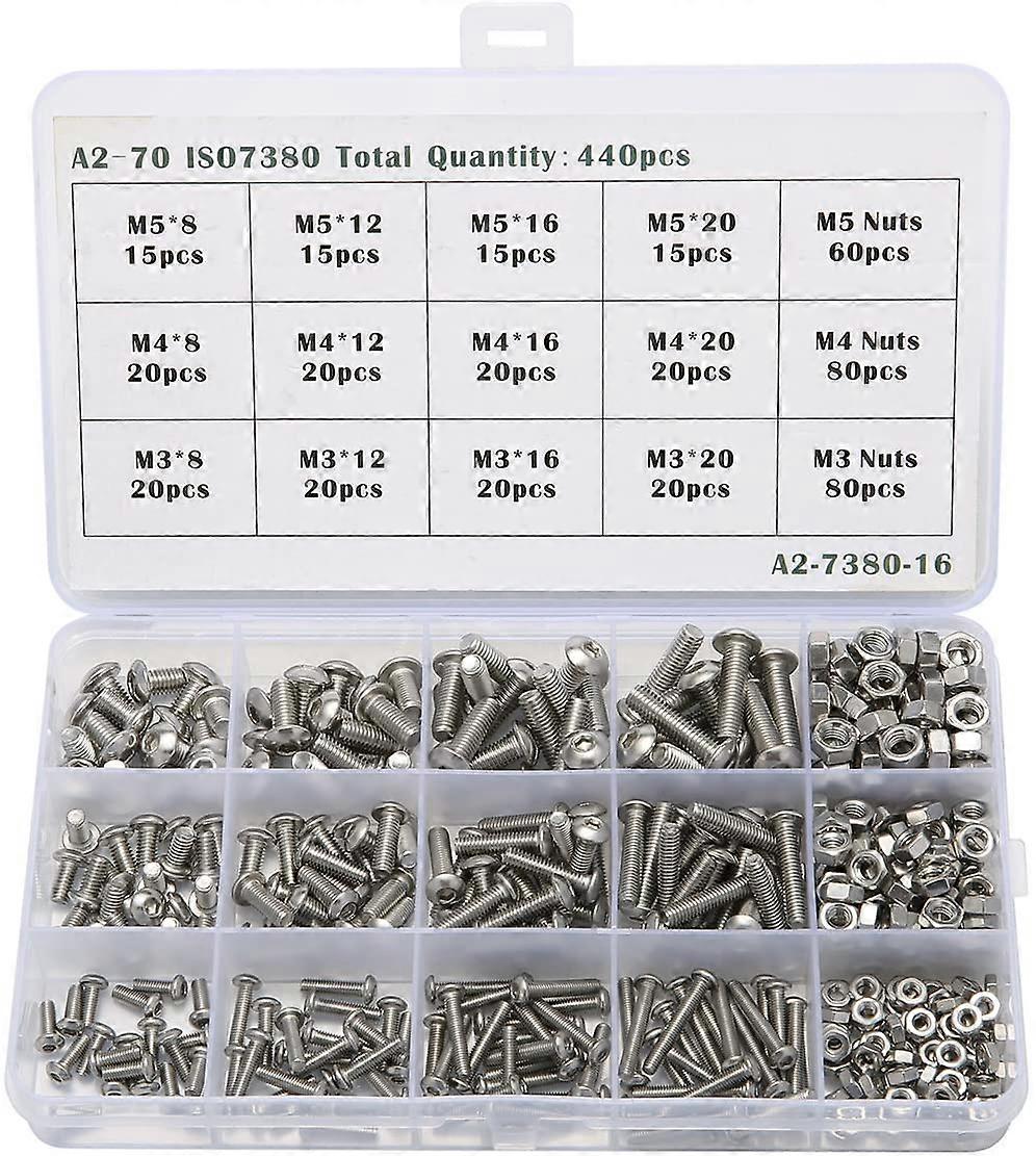 Kit 440PCS M3 M4 M5 Stainless Steel Hex Head Button Socket Head Cable Bolts Screws Lock Nut Assortment Kit with Storage Box