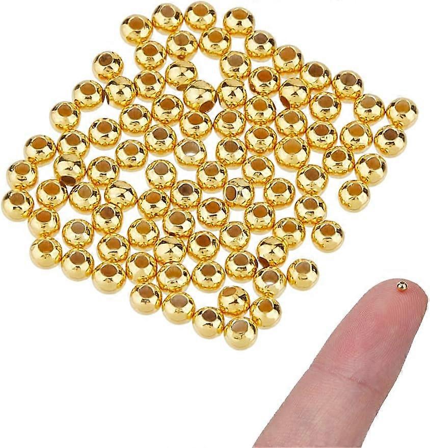 120Pcs Sterling Silver Round Beads 18K Gold Plated Spacer Beads 2mm Smooth Loose Beads Seamless Ball Beads Metal Tiny Bead Small Hole Beads for Stacka