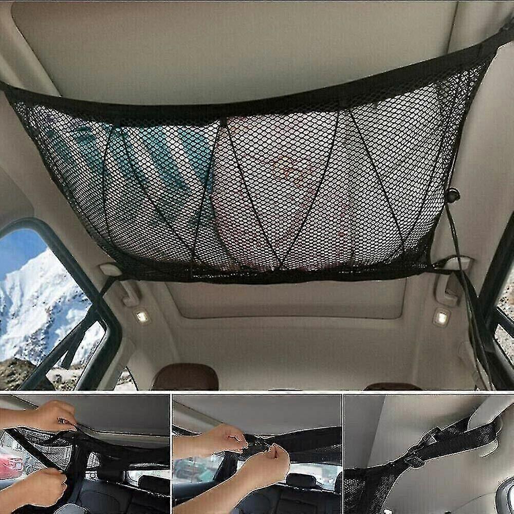 車の屋根天井カーゴネットメッシュ収納バッグポーチポケットSUVバンキャンピングカー90x60cm