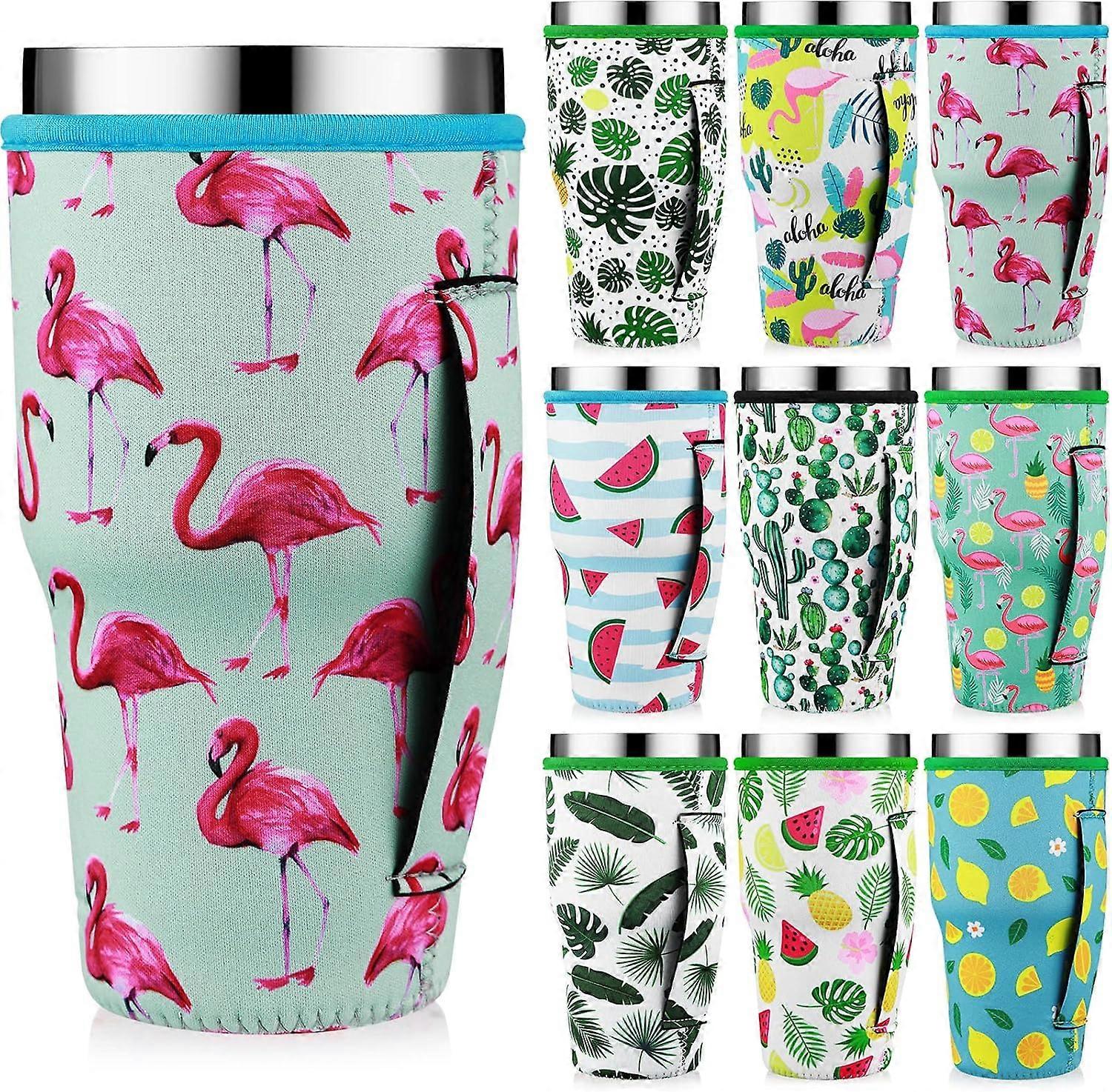9 Pcs Reusable Iced Coffee Cup Sleeves with Handle, Neoprene Insulated Design for 16-24 Oz Cups