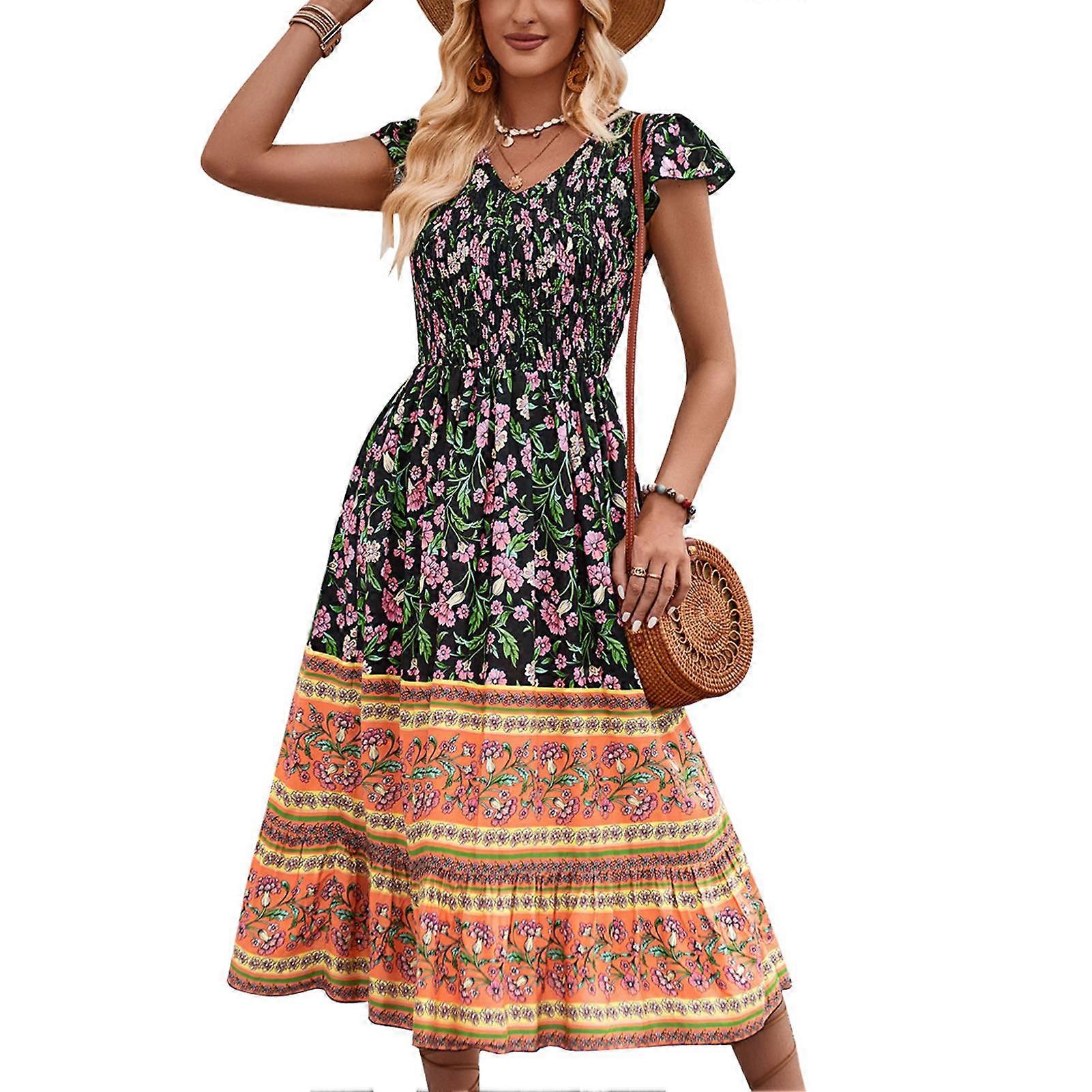 女性フローラルプリントドレスVネックキャップスリーブシャーリング弾性ハイウエストサマーフロードレスホリデーブラックS