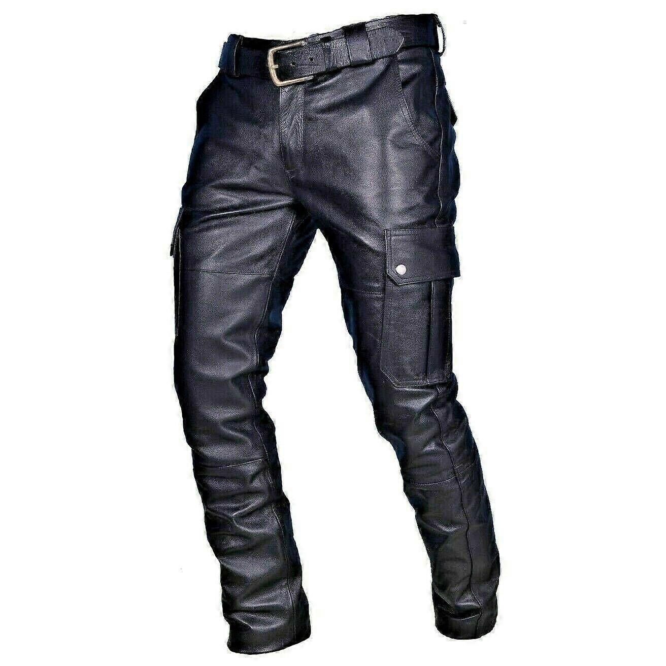 Högkvalitativa mäns äkta läder biker byxor Mode Svart motorcykel byxor punk byxor