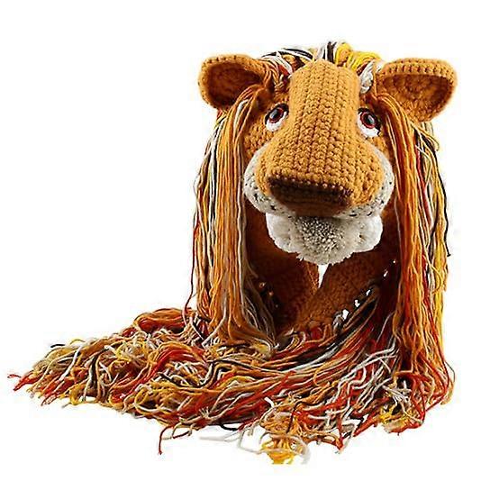 Y2K Lion Crochet Beanie Hat for Women, Warm Knit Cap with Tassels, Soft Acrylic Material, Stylish Winter Accessory