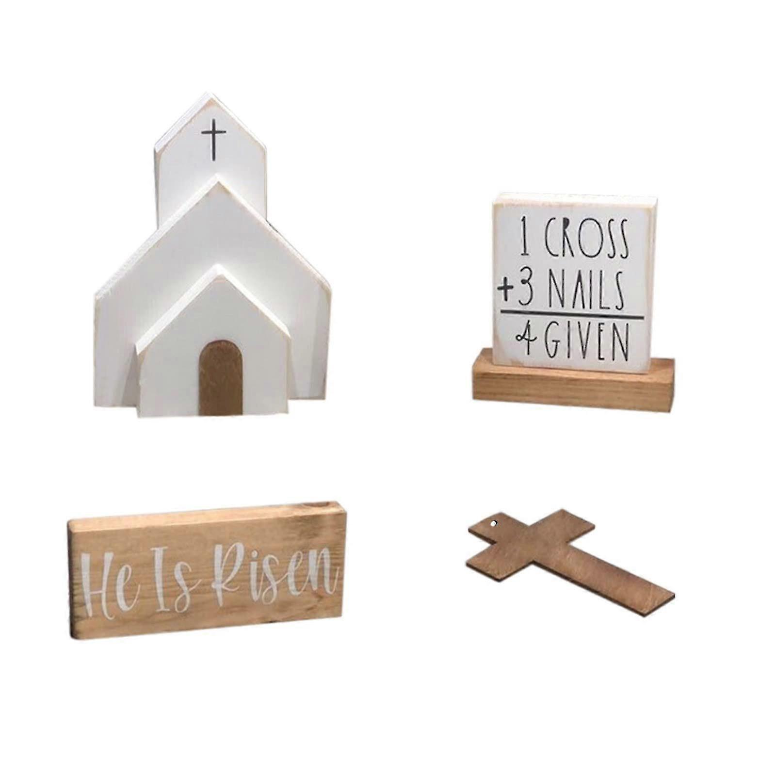 4pcs/set Jesus Tomb Easter Tray Bundle Kit, Ξύλινο Πάσχα Ο Ιησούς υπογράφει κλιμακωτές διακοσμήσεις δίσκων, αυτός είναι αναστημένος Πασχαλινός κλιμακωτός δίσκος Διακόσμηση αγροικίας Rustic Ti