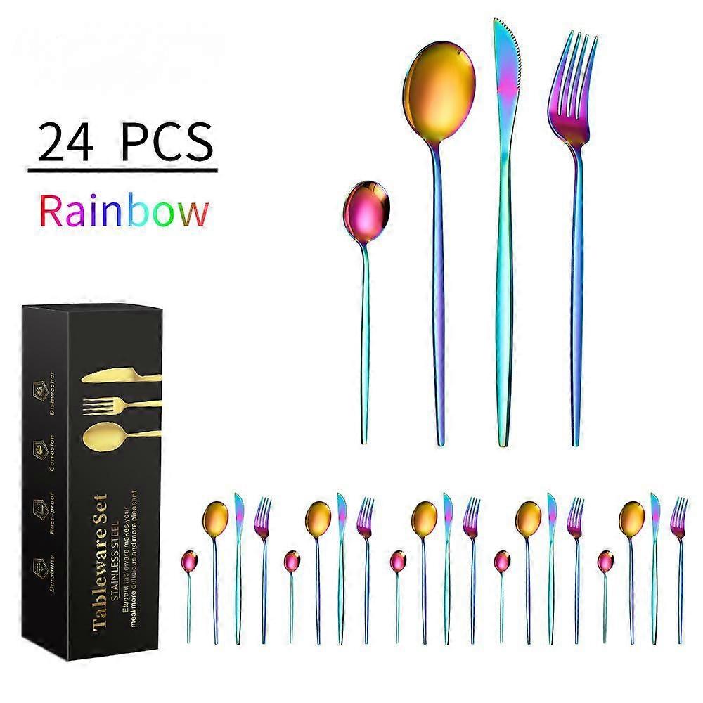 JUSCH Rainbowسكين أدوات مائدة من الفولاذ المقاوم للصدأ ، شوكة وملعقة سكين ستيك وشوكة وملعقة برتغالية غربية من 24 قطعة - 18swer