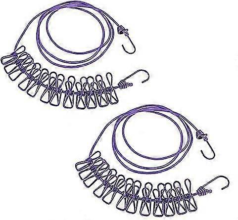 2 Pack Clothesline With 12 Hooks, Extendable, Adjustable, Retractable For Camping