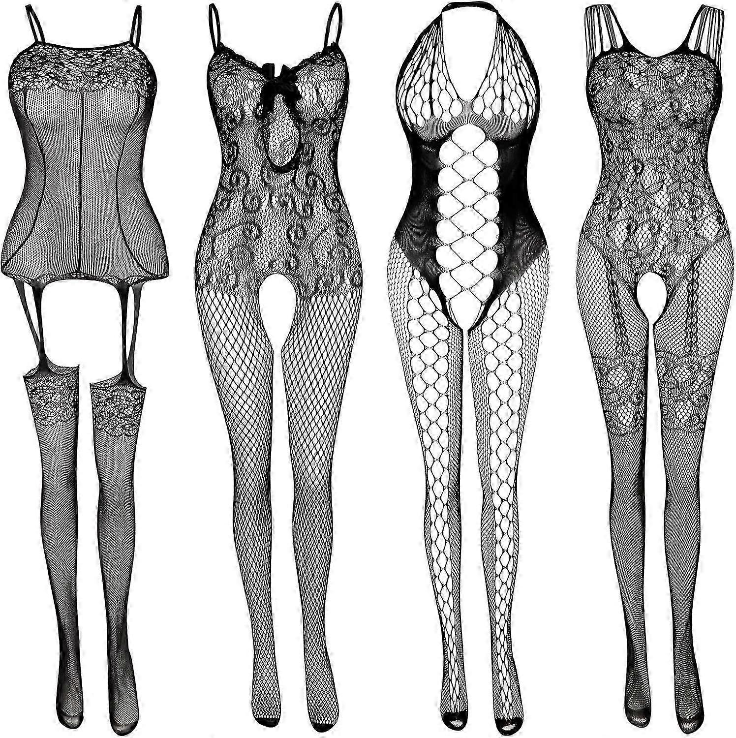 شبكة صيد السمك لانجري للنساء شبكة صيد السمك بدلة دانتيل ملابس نوم مثير بيبي دول (4 عبوات)