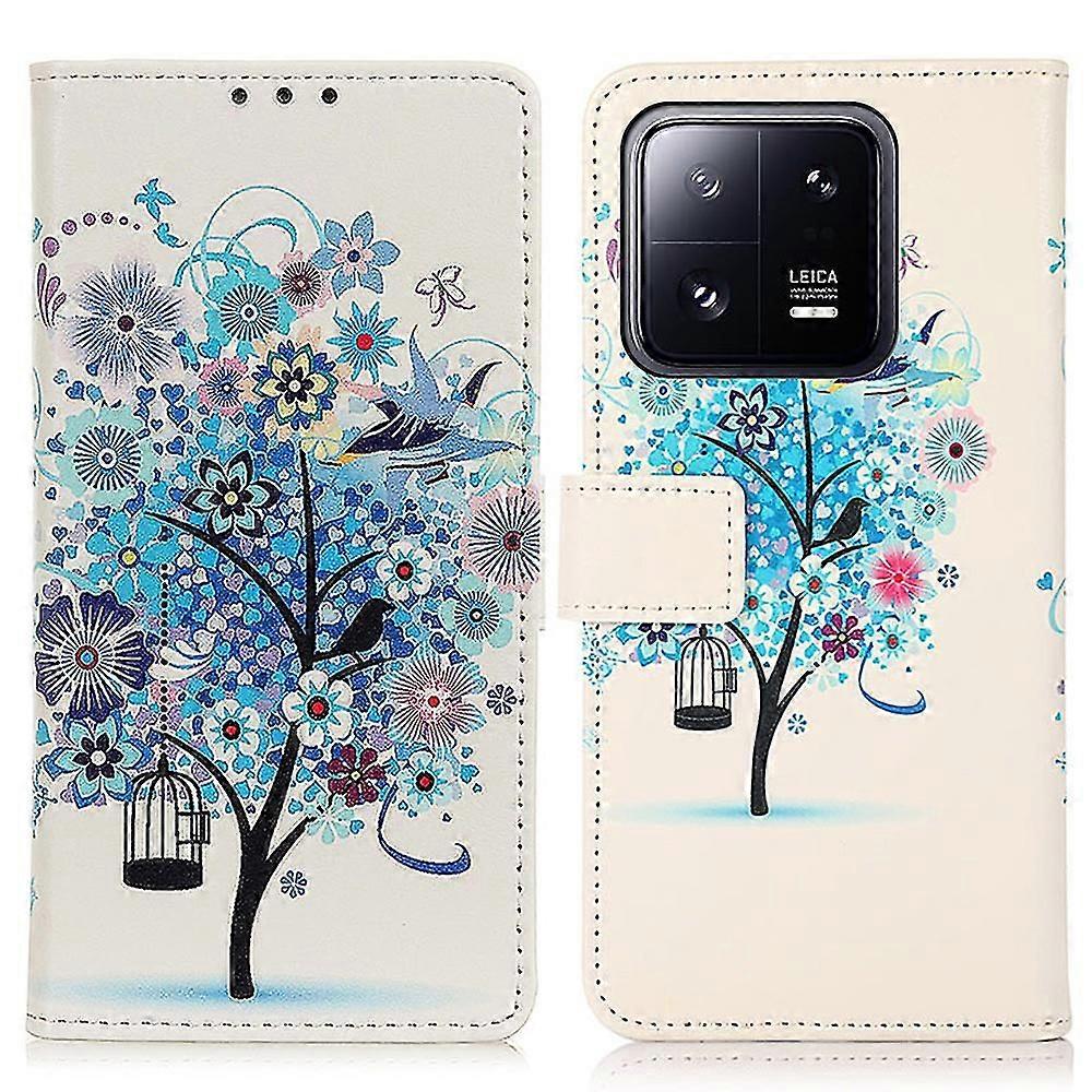 compatible Xiaomi 13 Pro 5g Pattern Printing Phone Case Pu Leather Magnetic Clasp Protective Cover With Stand Wallet - Tower And Feather
