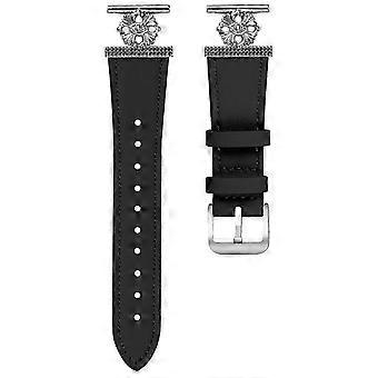 For Watch GT 3 42mm Watch Band Genuine Cow Leather Flower Decor Adjustable Strap - Black