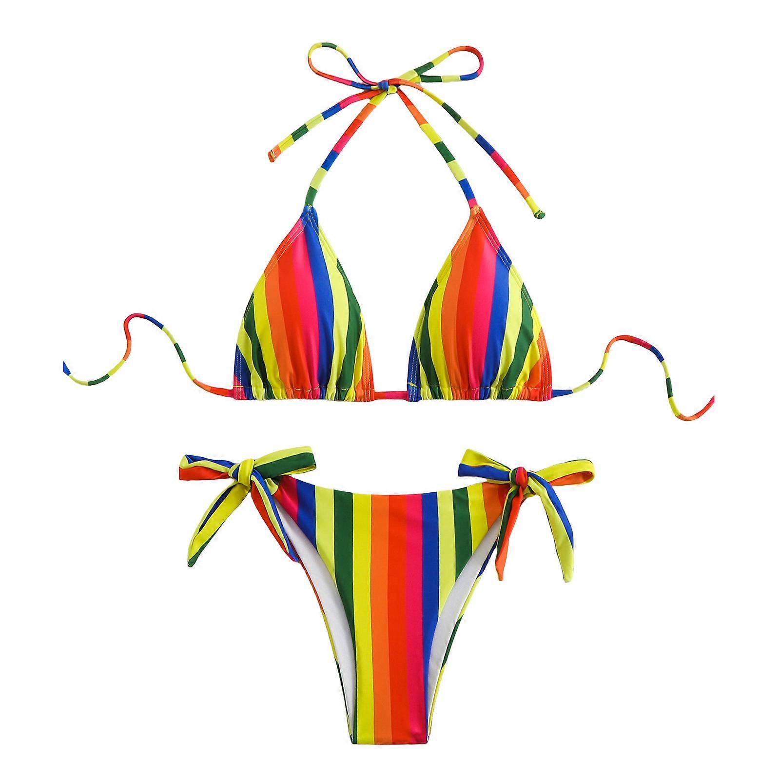 Femmes élégantes Maillot de bain triangulaire Maillots de bain imprimé arc-en-ciel Maillots de bain dos nu Maillots de bain pour dames avec cravate dos cou Multi XL