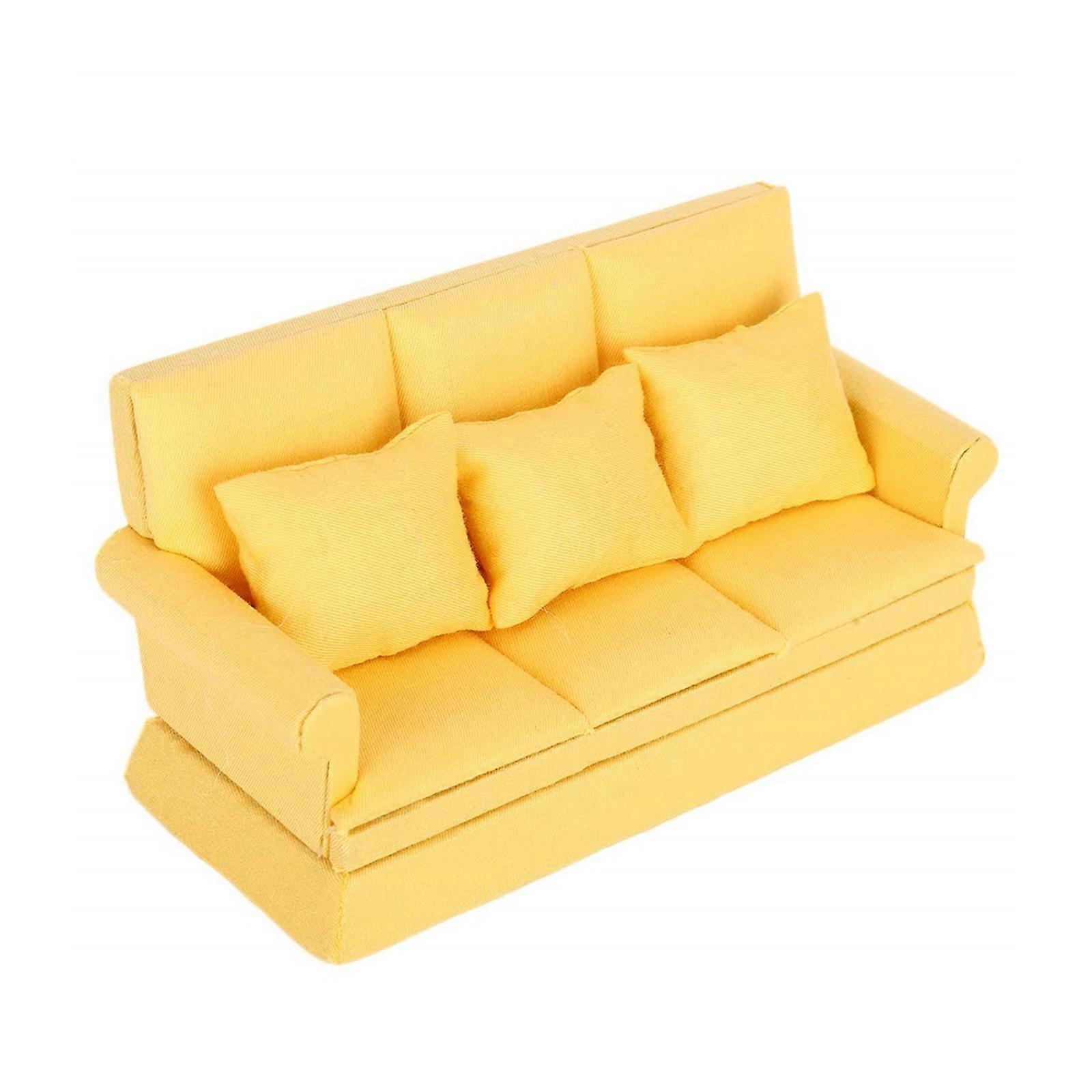 Salon Trois places Canapé Modèle Réaliste Vintage Scène De Vie Maison Poupée Faire semblant Jeu Ameublement Canapé Miniature Jaune