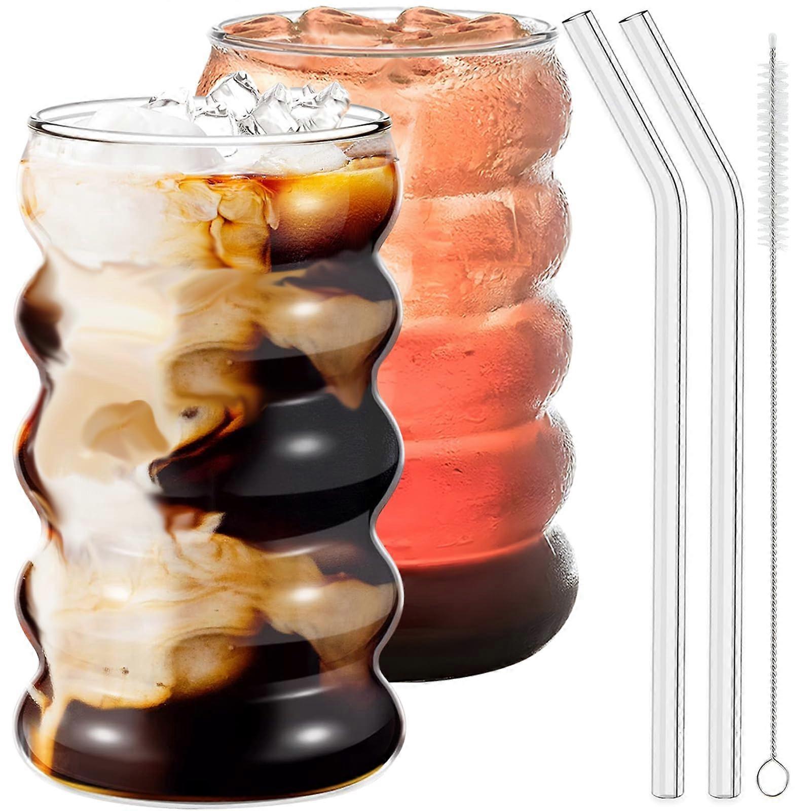 Drinking Glasses Set of 2 with Glass Straws for Iced Coffee 19.5oz Clear Durable Beverage Cups
