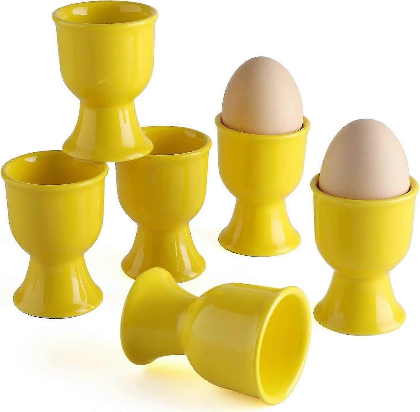 Ceramic Egg Cups Set of 6 Porcelain Egg Stand Holders for Soft Hard Boiled Eggs for Breakfast (Yellow)