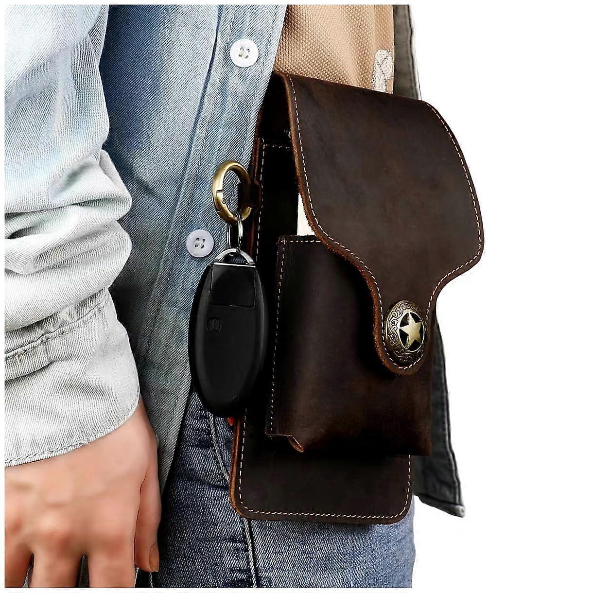 Leather Phone Holster for Belt, Cowhide Pouch Case with Keychain, Magnetic Closure, Compatible with iPhone and Android Devices