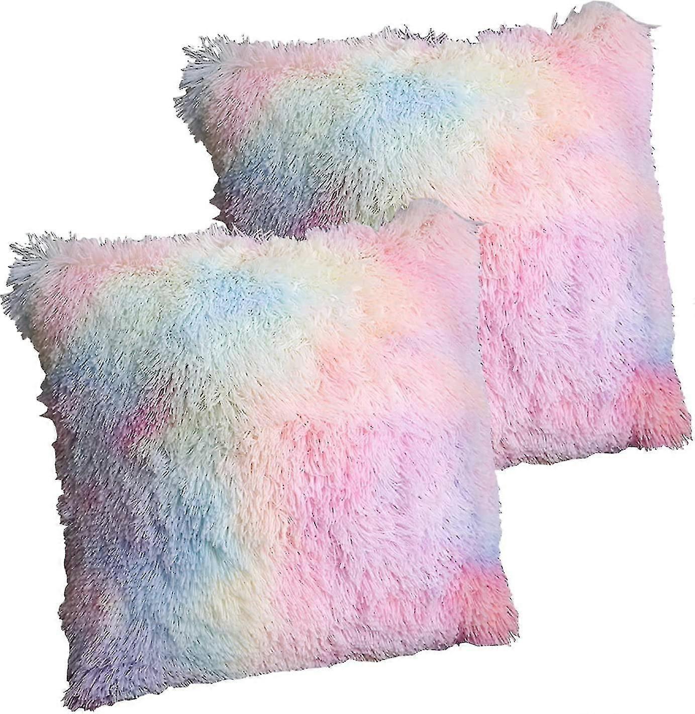 2-set kuddar i konstpäls, kudde i syntetisk päls, plyschkuddfodral (regnbåge, 45 x 45 cm)
