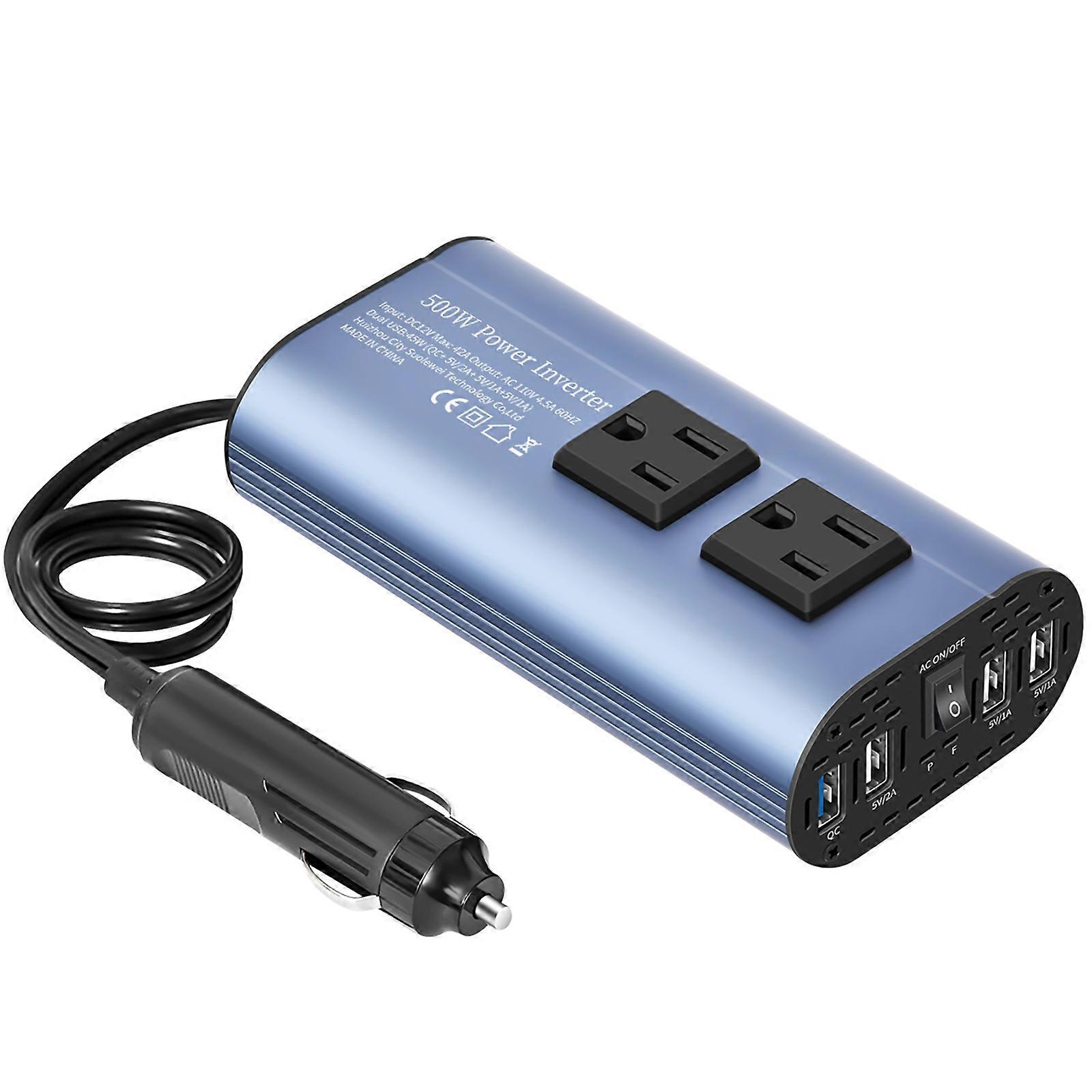 Portable 300W/500W Car Voltage Converter Equipped with Double Sockets & 4 USB Ports Ensures Continuous Power on Journeys