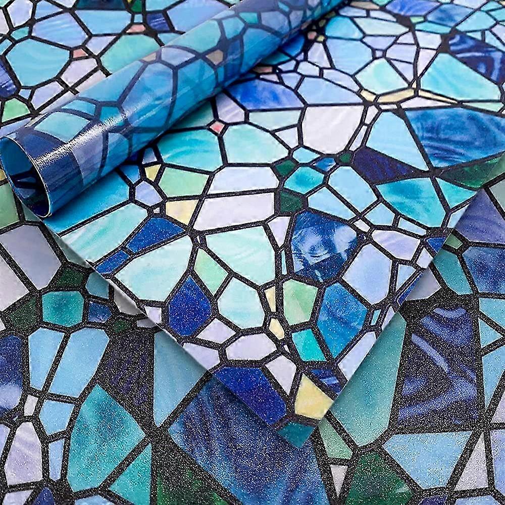 Privacy Stained Glass Window Film, Single Sided Static Cling Glass Covers, Bathroom Decoration for Glass Windows, 17.7x118, Blue Cobblestone