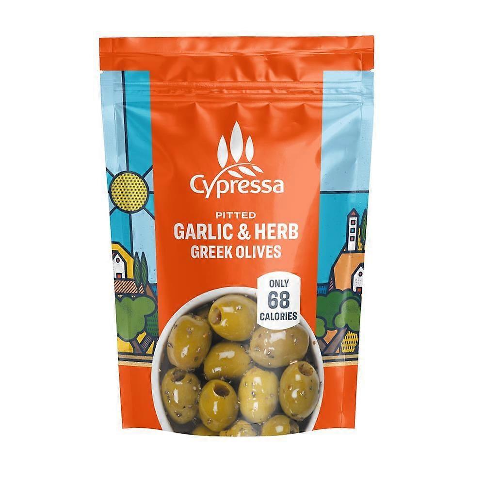 Azeitonas Gregas Verdes Sem Caroço Cypressa com Alho & Ervas em Bolsa 50g