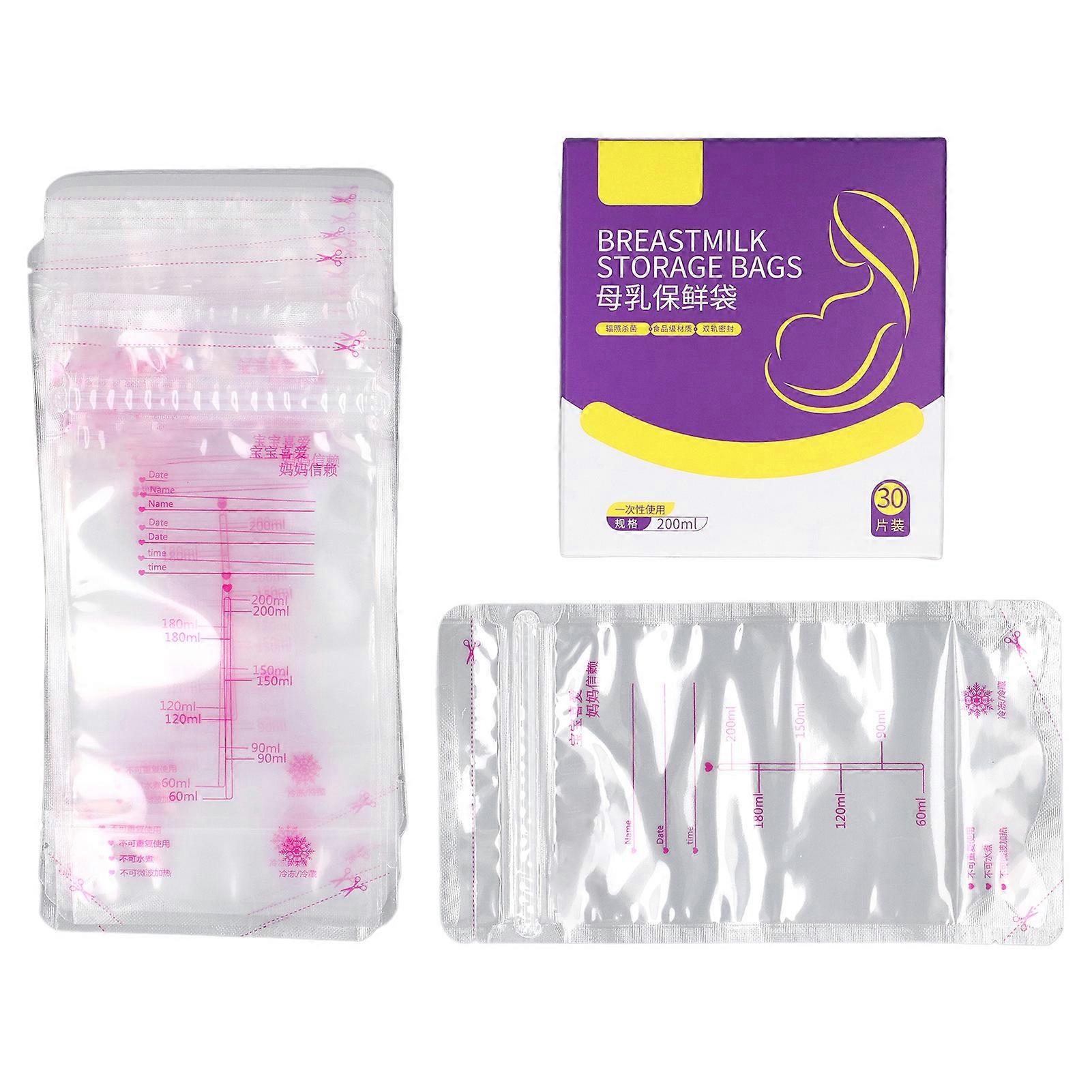 30 Count Breastmilk Storage Bags 200ml Easy to Use Baby Essentials Doubled Sealed Milk Storage Bags for Feeding Freezer Refrigeration