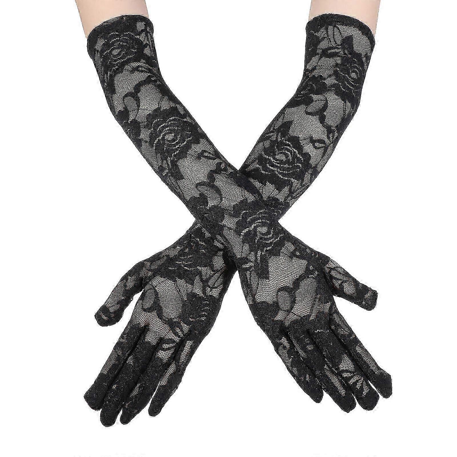 Floral Black Lace Elbow Length Opera Gloves