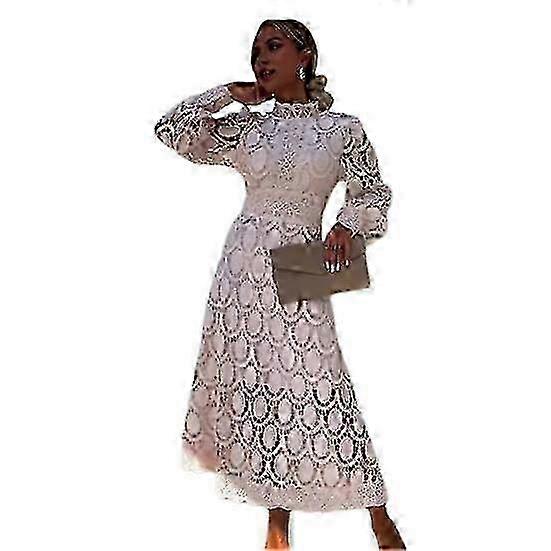 Women Dress Hollow Out Lace Stand Collar Bubble Sleeve Tight Waist See Through Double Layer Ankle Length Solid Color Office Commute Maxi Dre