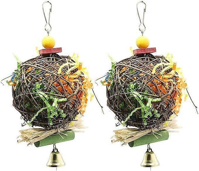 2 Pack Bird Chew Toys Natural Sepak Takraw Balls with Paper Strips Hanging Bell For Parrots and Budgies
