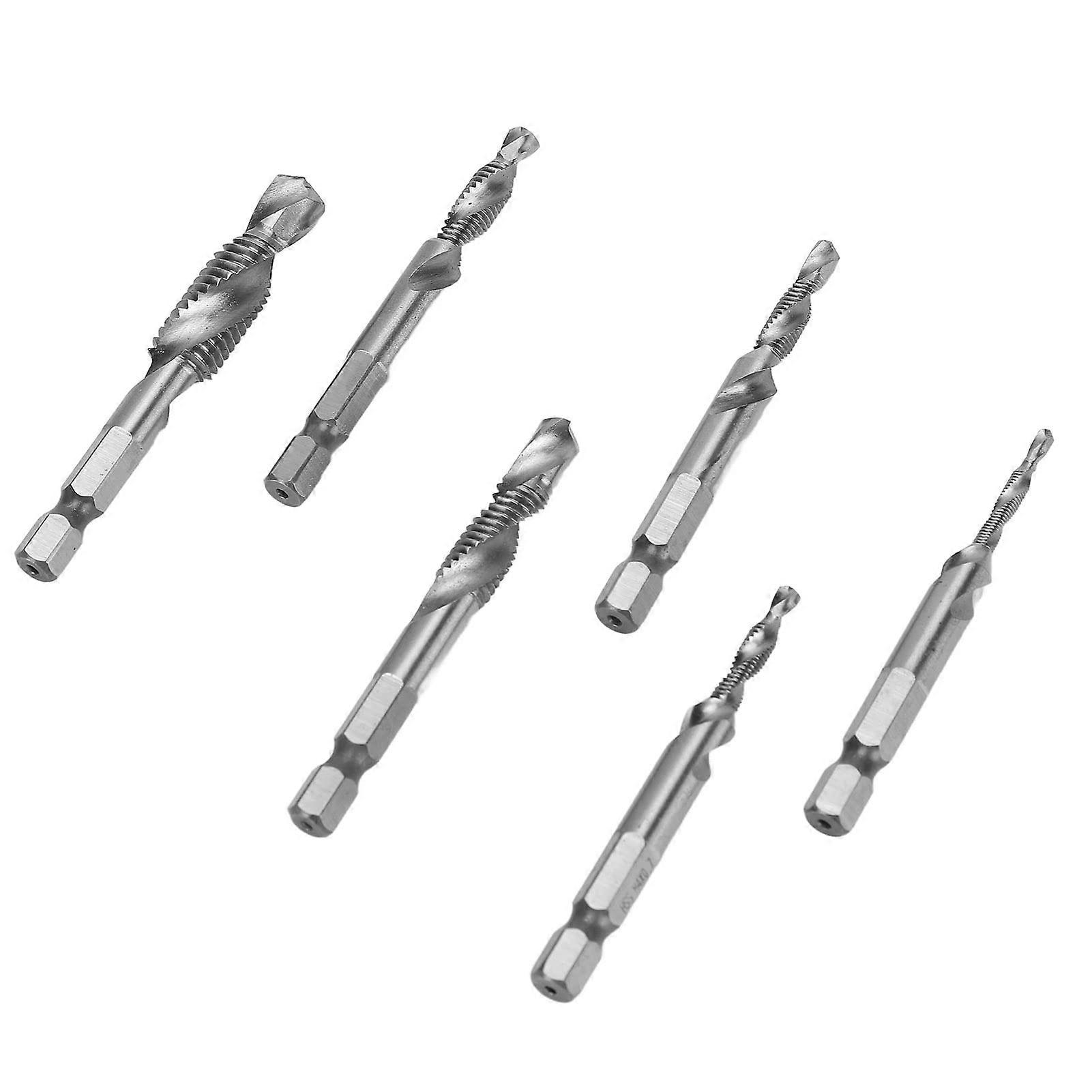 6 Piece Drill and Tap Set with 1/4 Inch Hex Shank, Spiral Composite Taps, Steel Drill Bits, Original Color