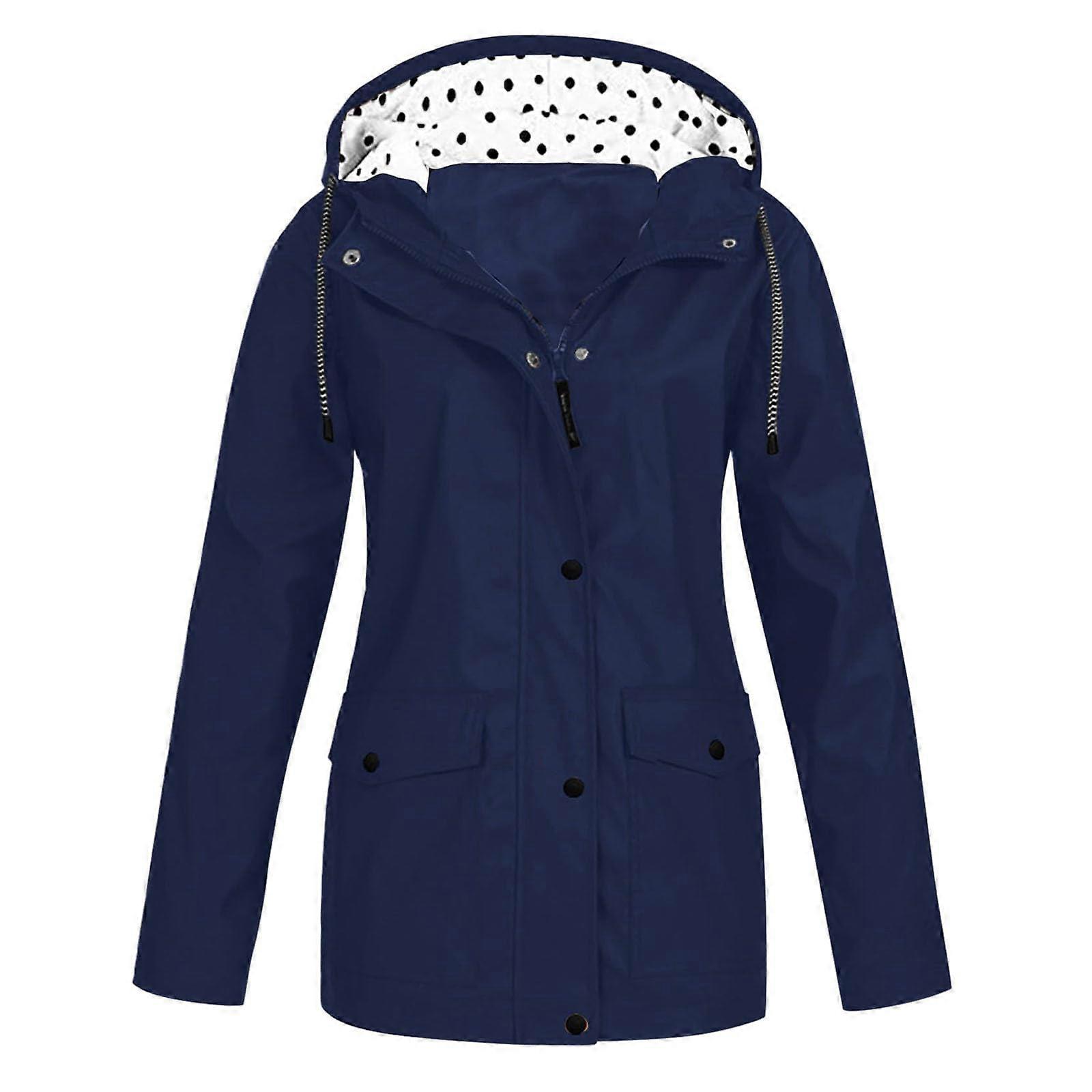 Women's Rain Jacket, Thin Large Size Lined Raincoat, Navy Blue, Size L