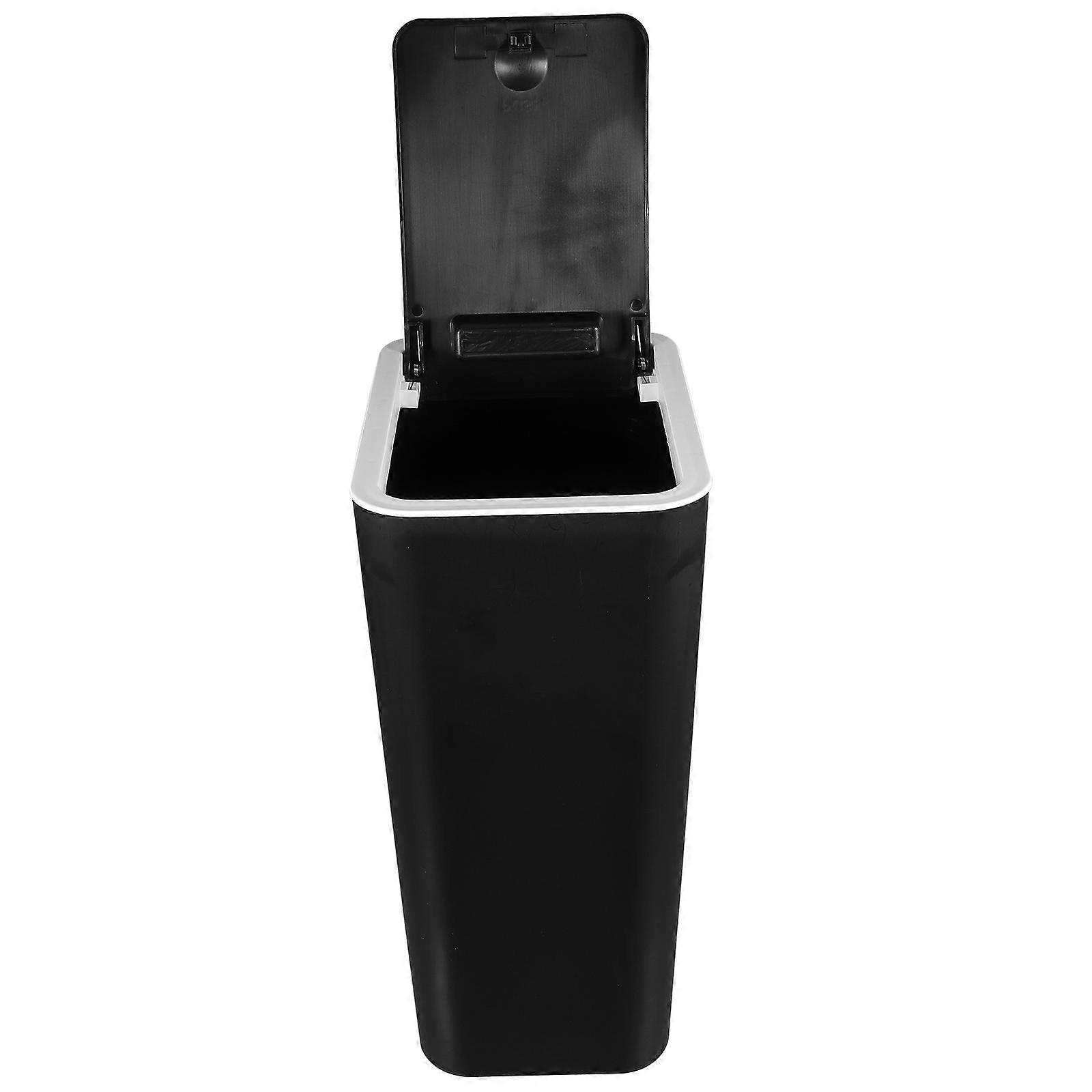 Plastic Press Top Trash Can with Lid   Compact Covered Garbage Bin for Kitchen, Bathroom & Office   Modern Design Waste Container with Black Ring