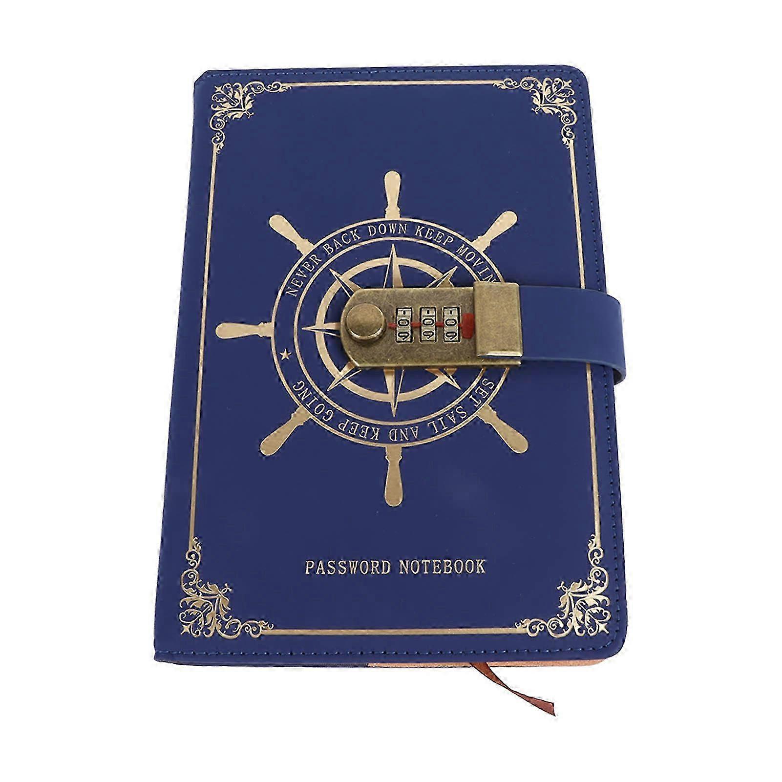 Vintage A5 Size Travel Journal Notebook with PU Leather Cover and Combination Lock for Record, 100 Sheets, Blue