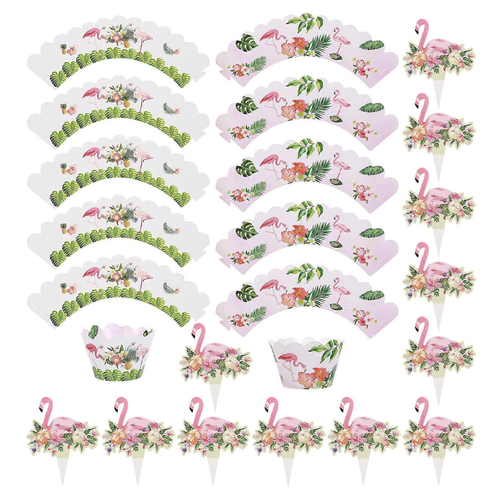 24PCS Flamingo Cake Toppers & Cupcake Wrappers Party Decorations for Birthdays, Weddings, and Special Events – Fun & Safe Design