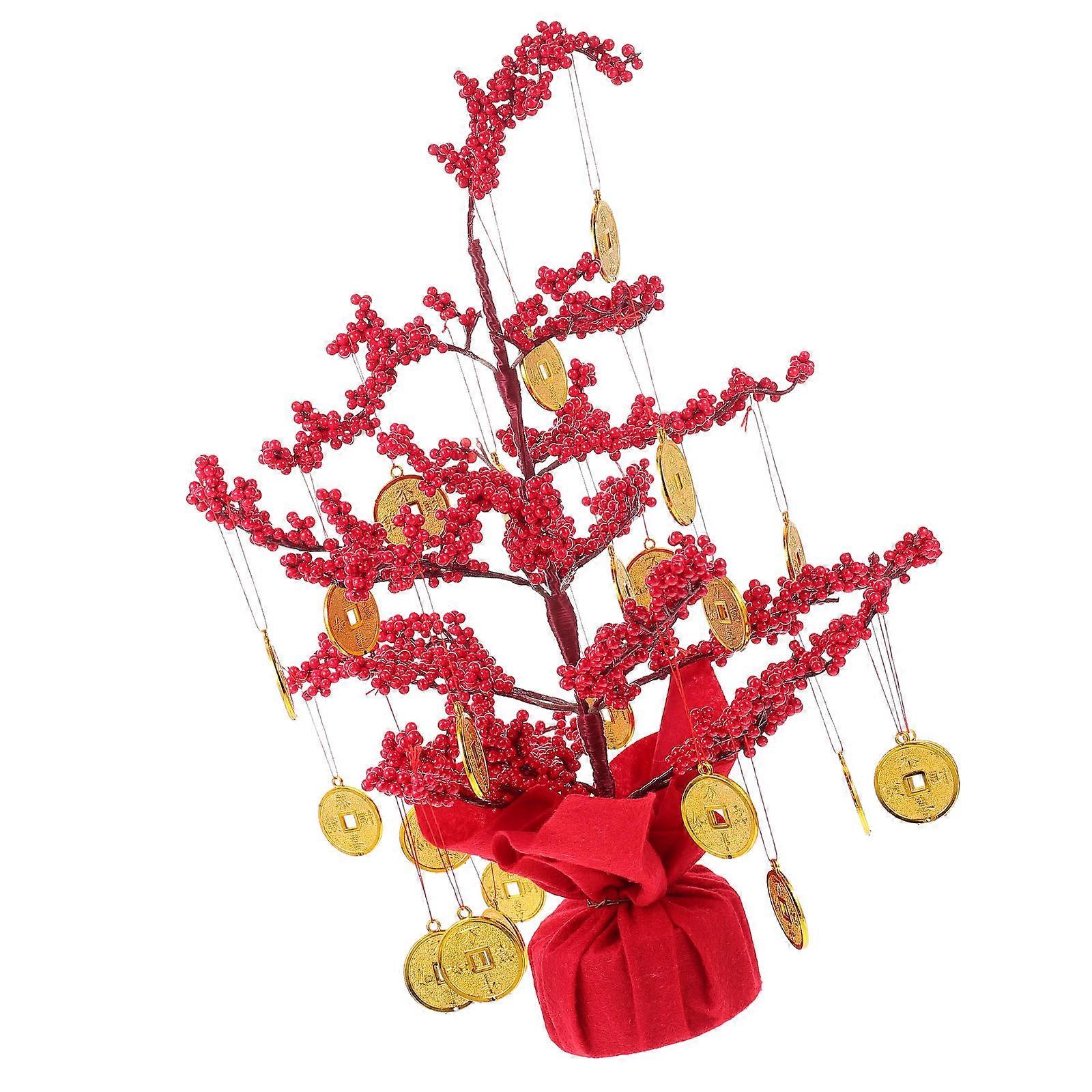 Chinese New Year Wealth Tree Decor Red 46X10X10 Cm Traditional Chinese Style Tabletop Fortune Tree 1Set