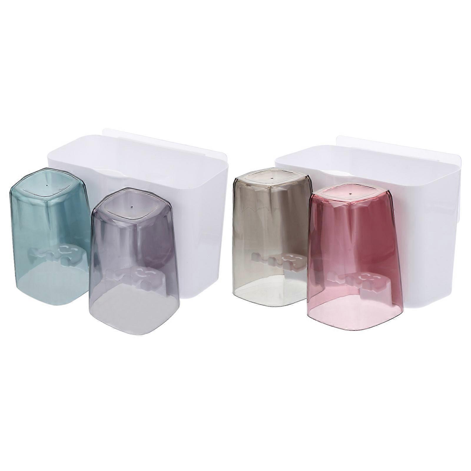 White Plastic Storage Rack for Washroom with Four Cups Lightweight and NailFree Design Ideal for Toothbrush and 1 Set