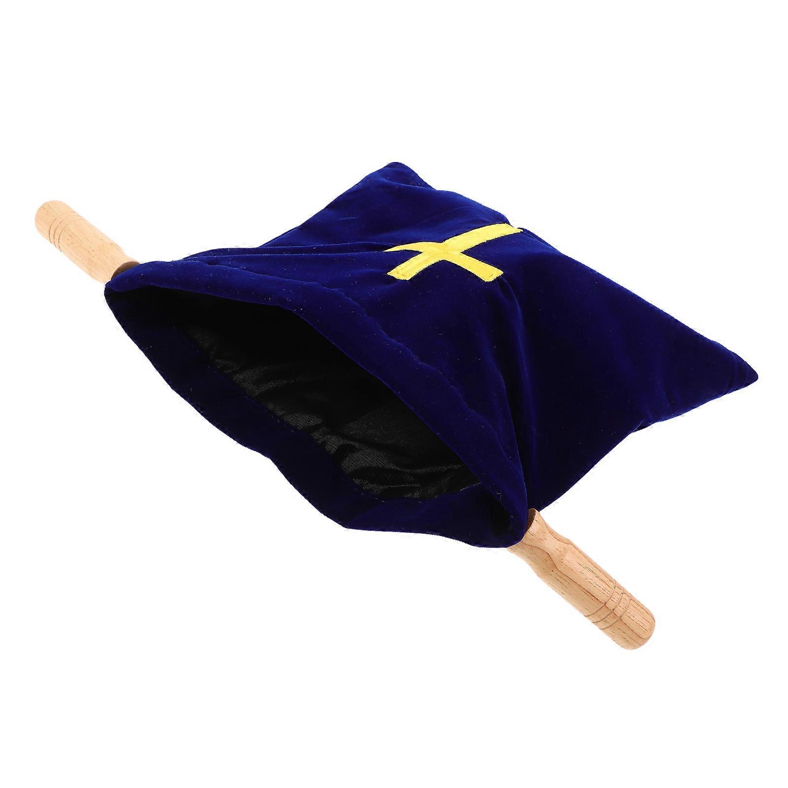 Offering Bag With Embroidered Cross For Baptism Decorations Large Capacity Blue Fabric Wooden Material 1Pcs