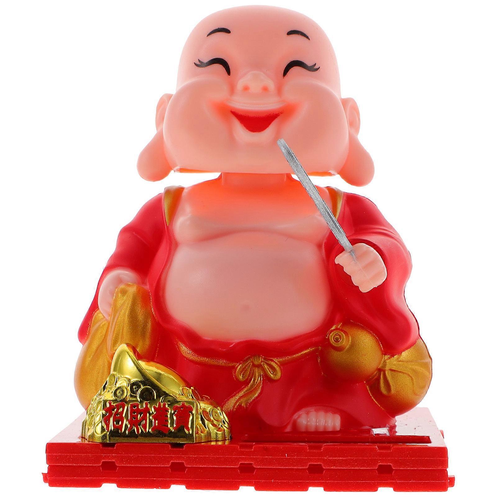 Red Solar Powered Monk Statue for Car Dashboard Decoration ABS Material Automatically Shaking Head 3.5 Inches