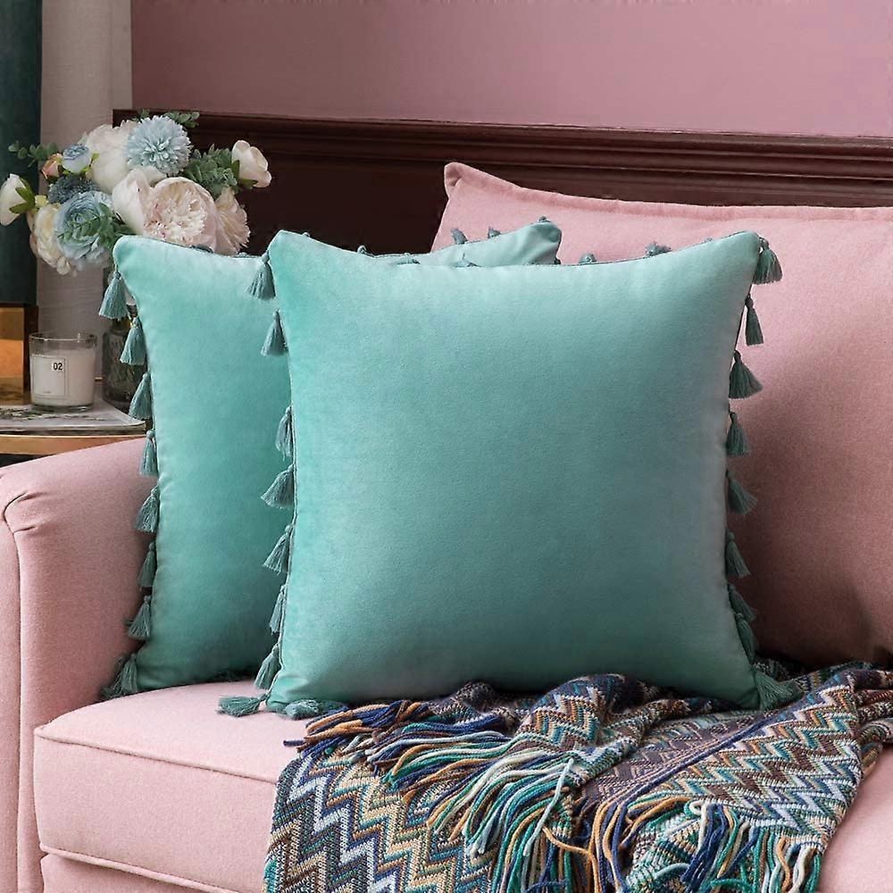 Pack Of 2 Velvet Soft Solid Decorative Throw Pillows With Tassels Fringe Boho Accent Cushion For Couch Sofa Bed, Aqua Green