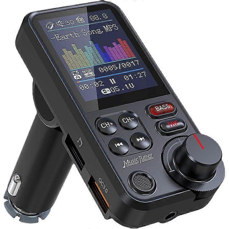Bluetooth FM Transmitter for Car, 1.8" Color Screen Strong Mic Bluetooth Car Adapter (Black)