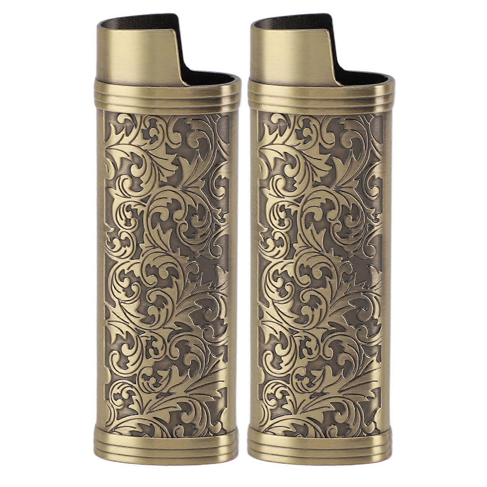 2PCS Lighter Case Cover Vintage Style Floral Stamped Zinc Alloy Shell for Lighter Protection Bronze