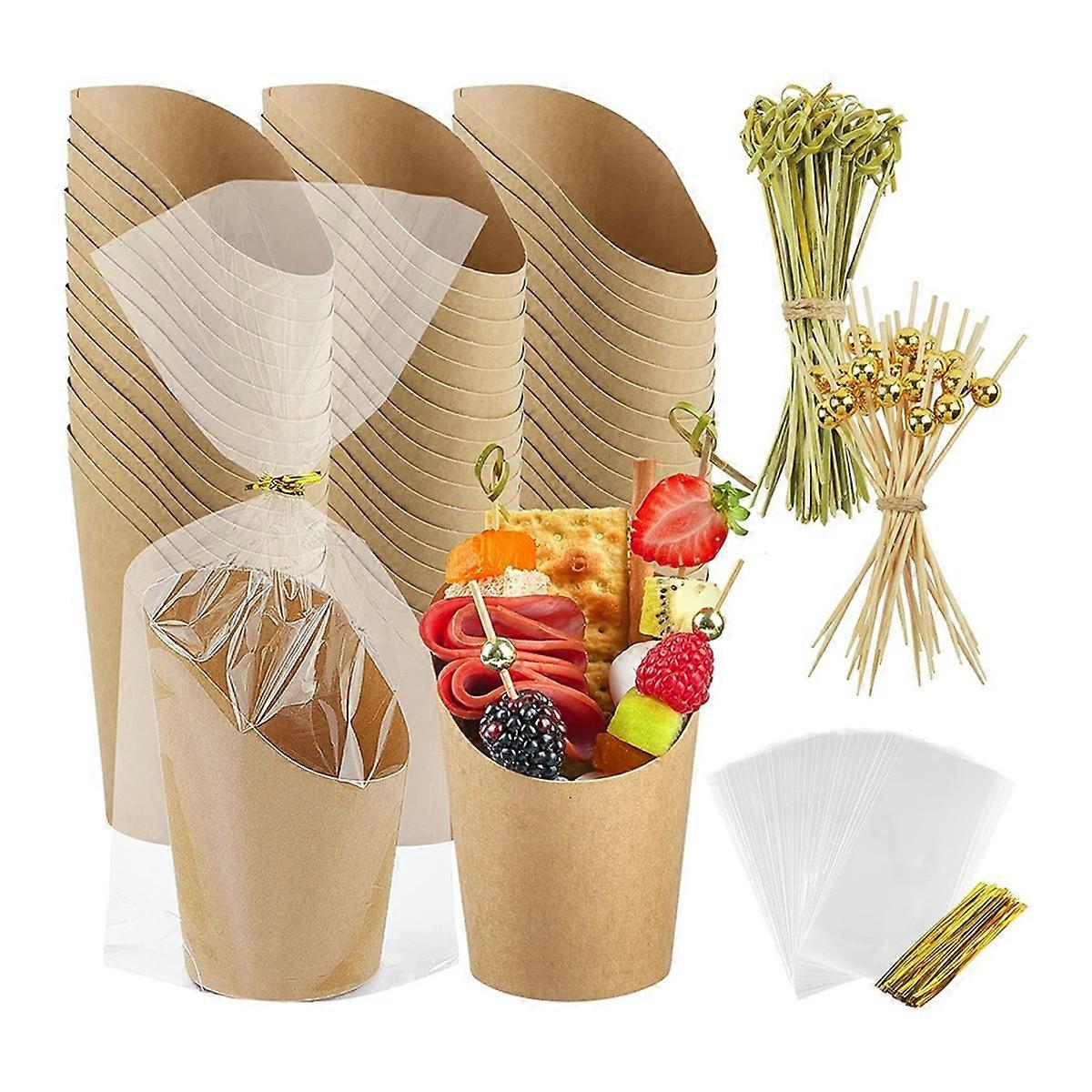 50 Pcs Charcuterie Cups with Sticks 14oz, Individual Holder with 50 Bags+50 Labels+200 Cocktail Skewers Tooth Picks