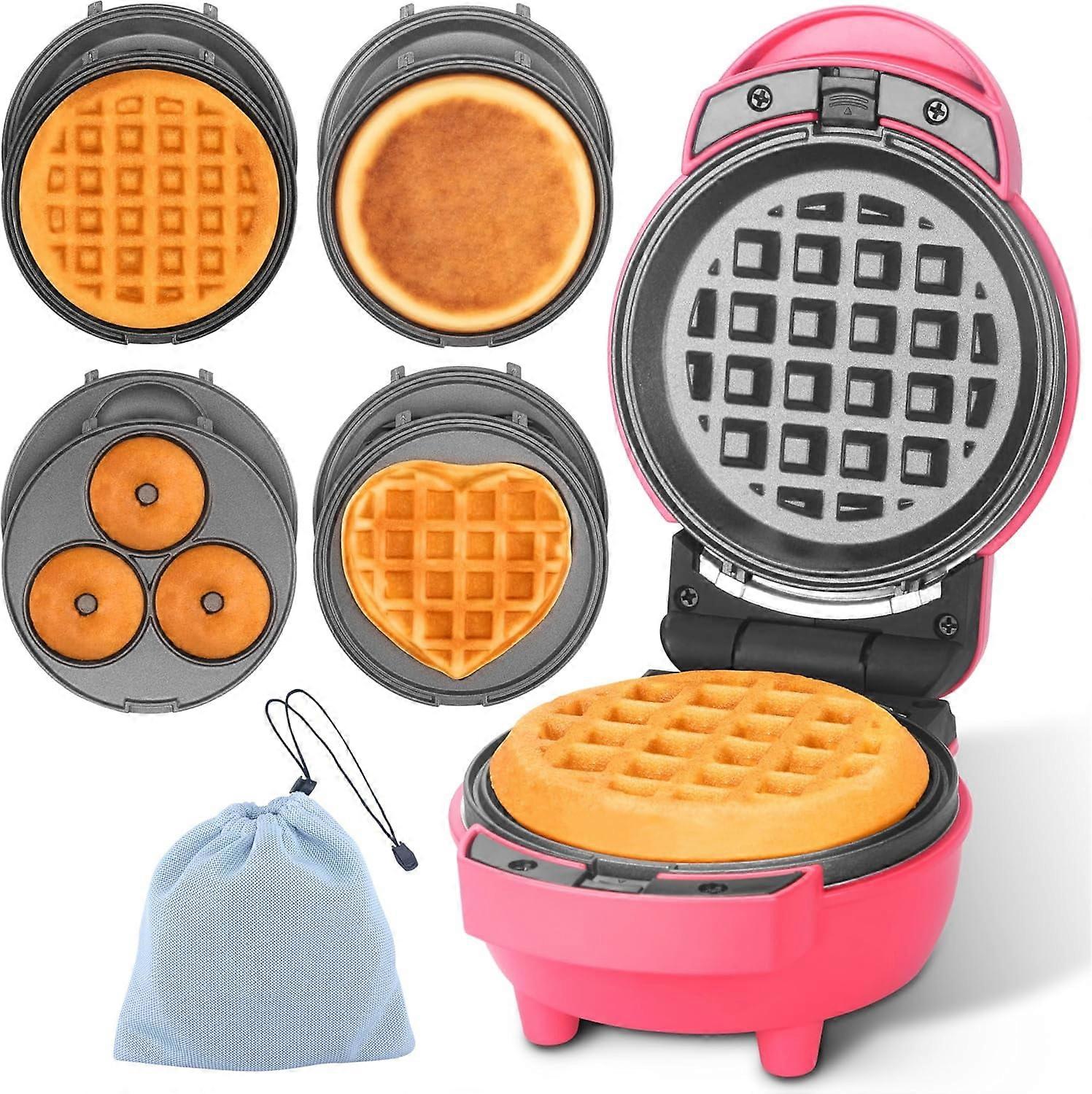 4 in 1 Mini Waffle Maker with Removable Plates, Pancake, Donut, Heart Shape Maker, Compact, Recipe Included, Red
