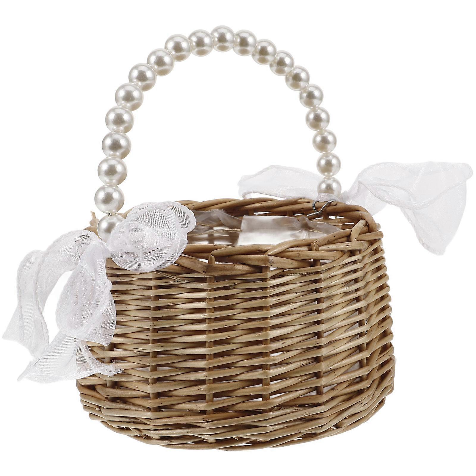 Woven Tote Basket 2Pcs for Storage with Imitation Pearl Handle and Bow