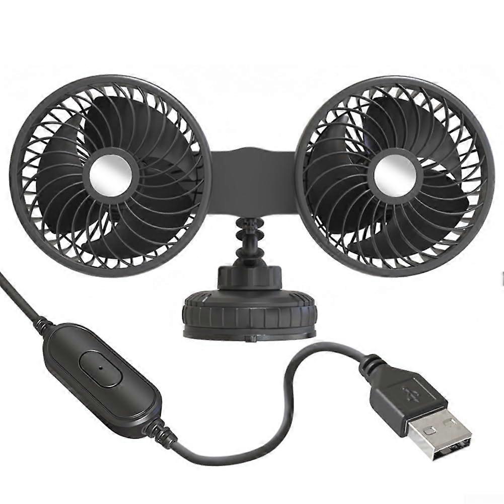 Dual Head Car Cooling Fan 5V 12V 24V USB Powered, 3 Speed Settings, 360Degree Rotatable Dashboard Mount