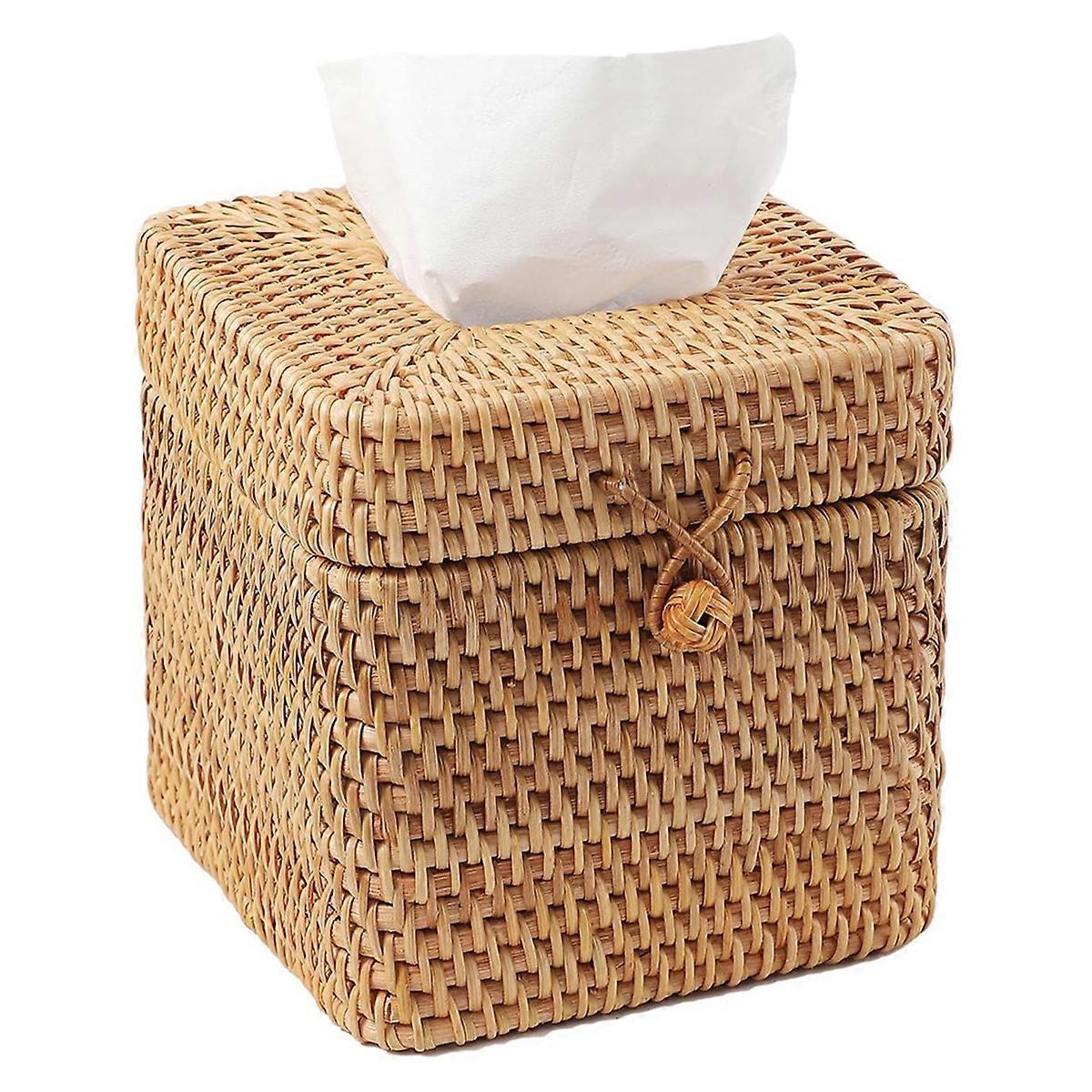 Woven Rattan Tissue Box Cover with Hinged Lid