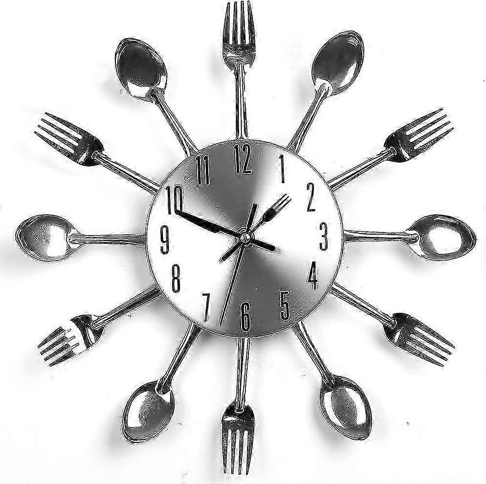 キッチン屋内と屋外のキッチンカトラリーシルバーウォールクロック着色フォークスプーンヘラ用ステンレススチールキッチン用品時計