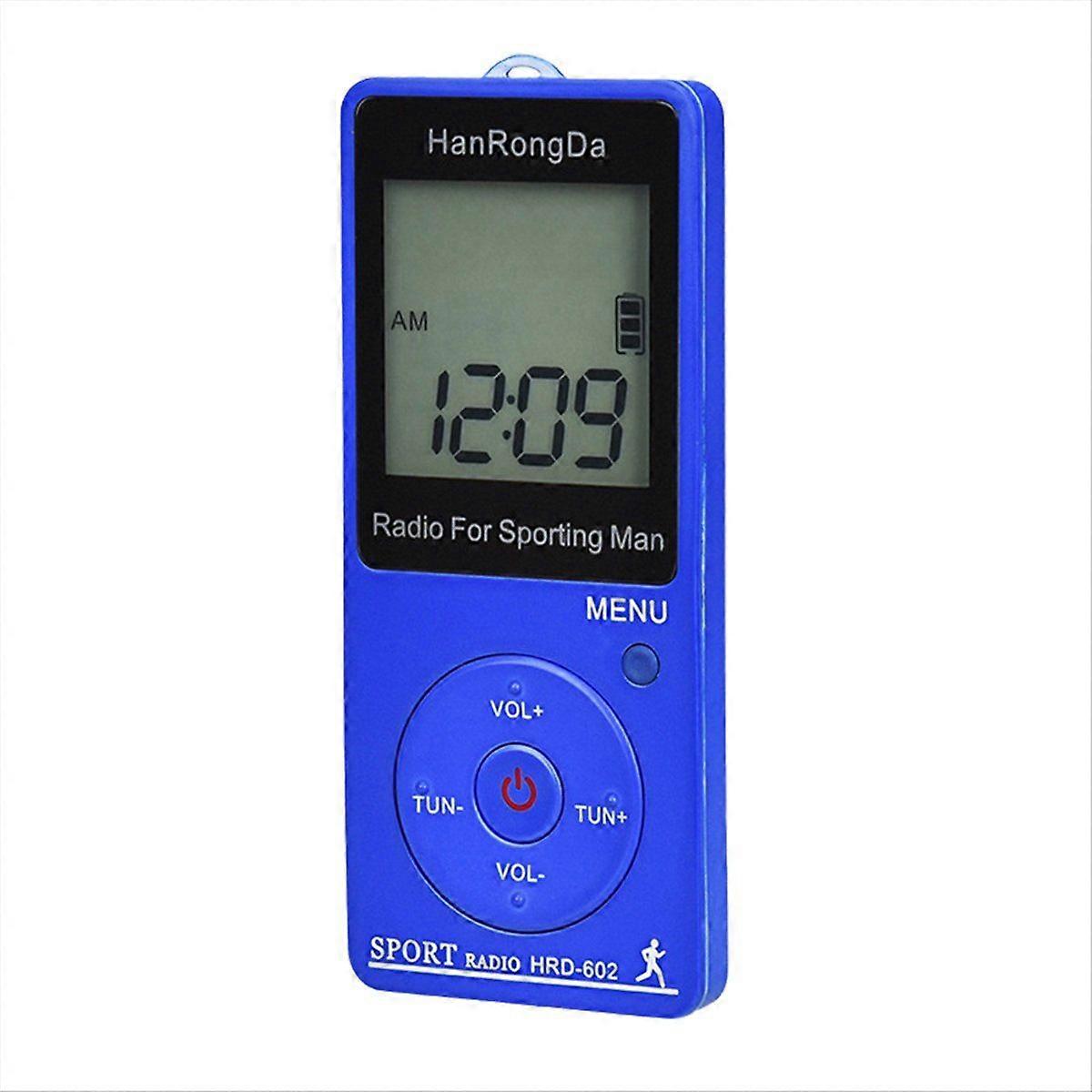 FM AM Pocket Radio Rchargeable Sports Radio LED Display with Pedometer Earbuds Mini Portable Radio Blue