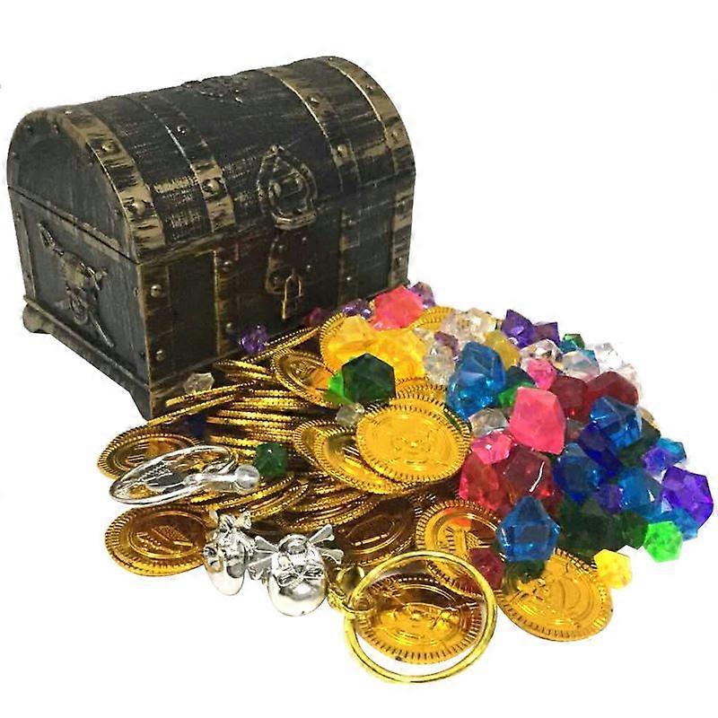 100pcs Pirate Treasure Chest Toy Kit Antique Big Treasure Chest Pirate Box Treasure Jewels Pirate Gold Coins