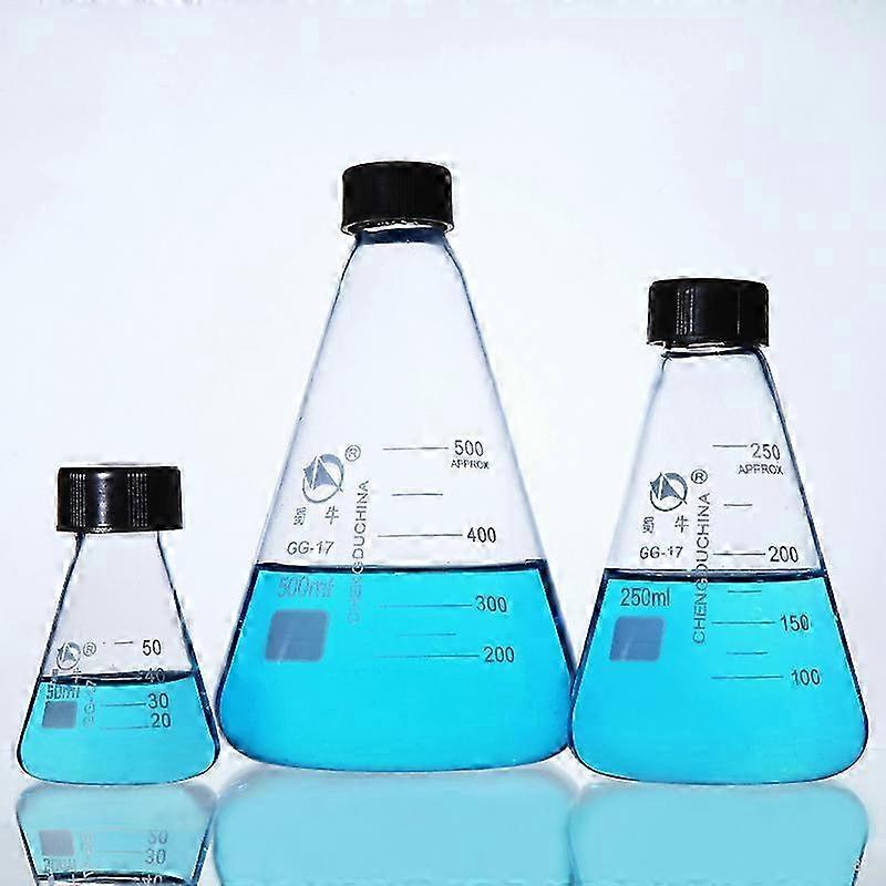 50ml 100ml 250ml 500ml 1000ml Lab Glassware Medical Pyrex Glass Conical Erlenmeyer Flask Sample Bottle with Screw Lid Stopper Edition 1030