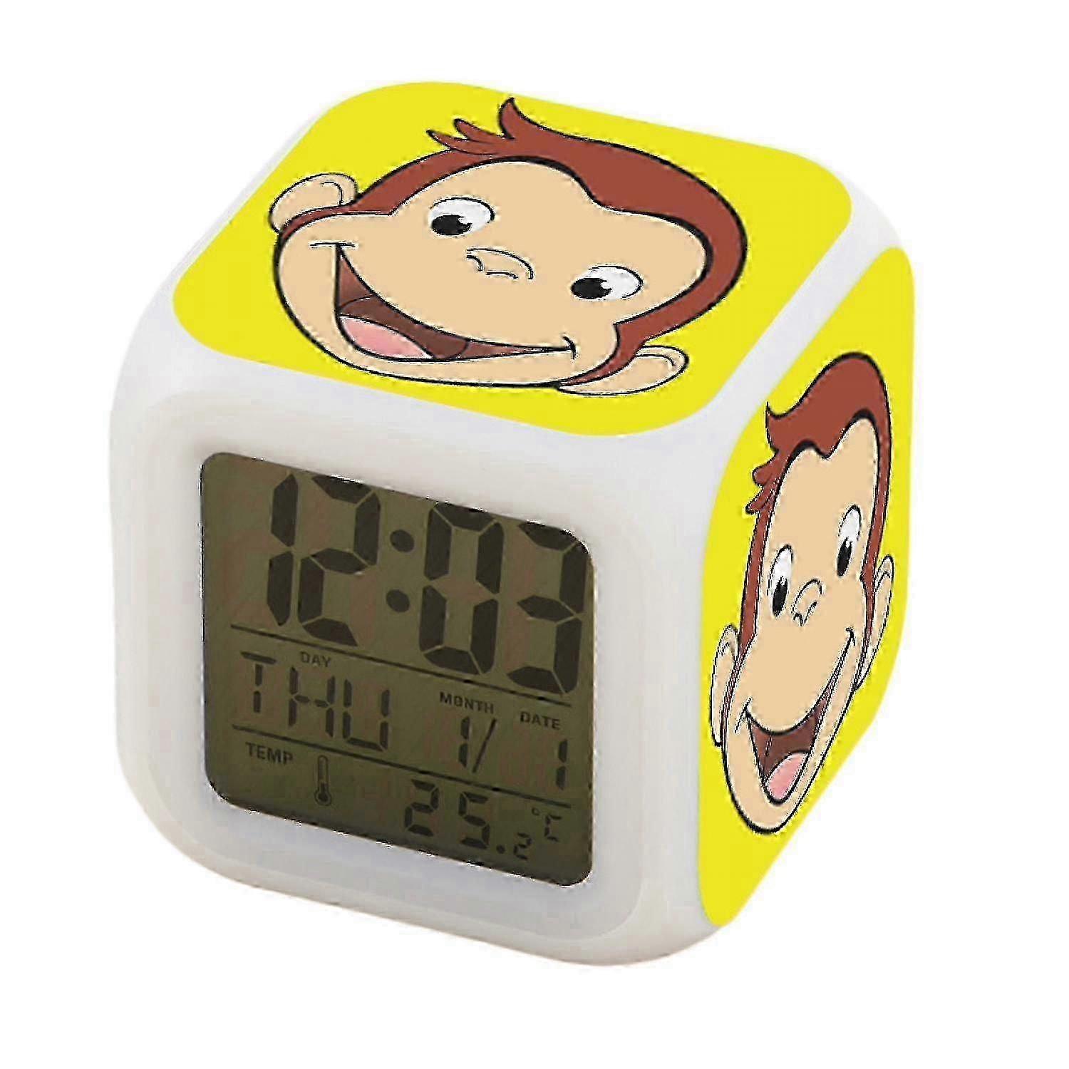 SSRGV JUSTUP Digital Alarm Clock , LED Digital Bedroom Alarm Clock Easy Setting Cube Wake up Clocks with 4 Sided Curious George Pattern Soft