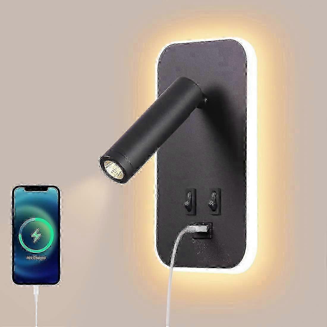 Adjustable LED Wall Lamp with Switch, USB Charging Port, 3W 3000K & 9W 6000K Bedside Reading and Mood Lighting in Black